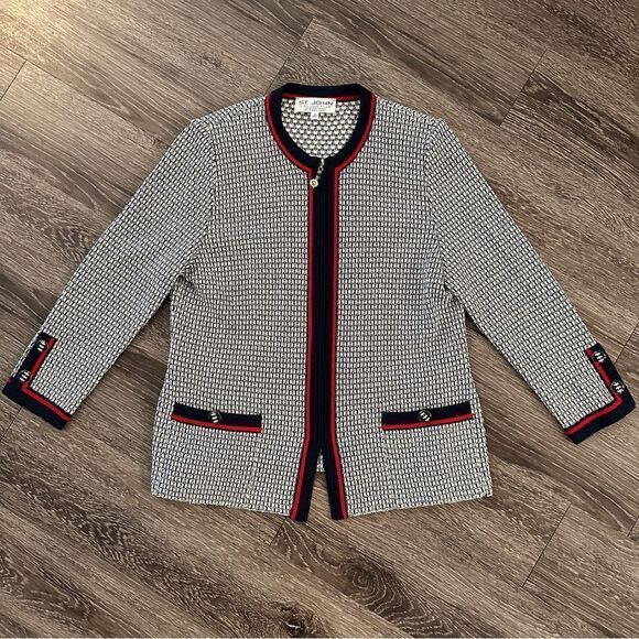 St. John Collection Navy White and Red Zip Up Sweater - Picture 1 of 9